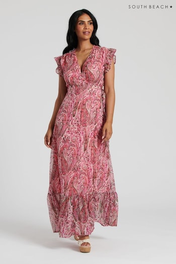 South Beach Pink Metallic Print Wrap Midi Dress Shift (127701) | £44
