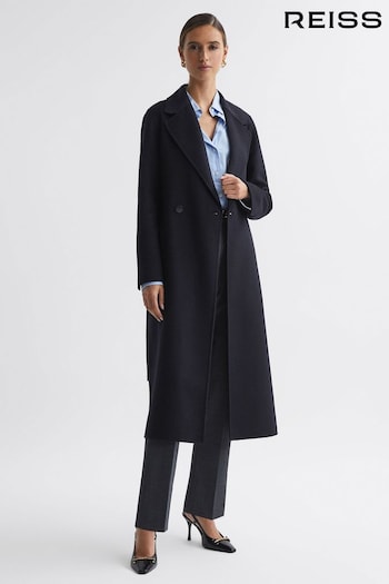 Reiss Navy Lucia Long Wool Blend Blindseam Coat (127769) | £248