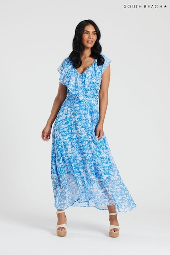South Beach Blue Chiffon Print Frill Neck Wrap Midi Dress (127881) | £46