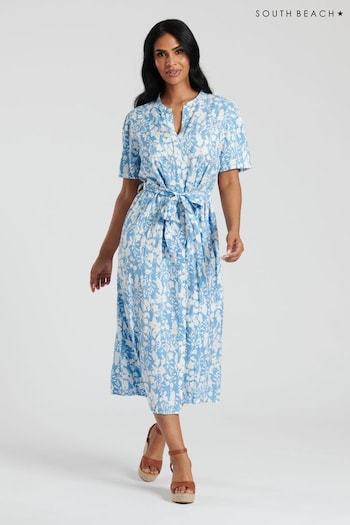 South Beach Blue Midi Tie Waist Shirt Dress (127886) | £46