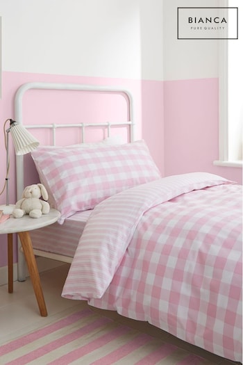 Bianca Pink Check And Stripe Cotton Duvet Cover and Pillowcase Set (128132) | £20 - £30