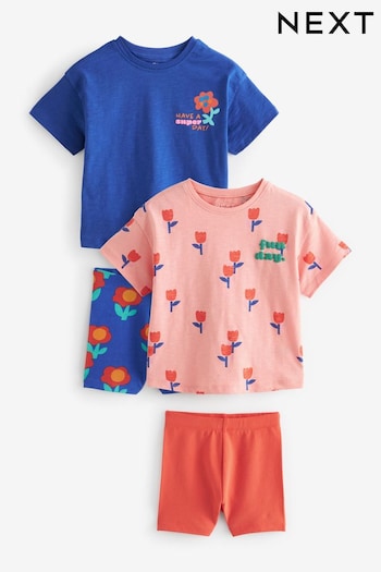 Blue Pink Flower T-Shirt and Shorts 4 Piece Set (3mths-7yrs) (129666) | £18 - £22