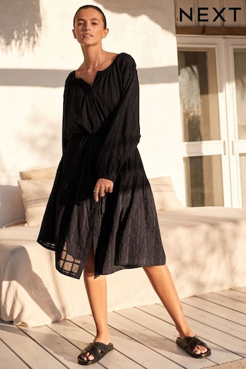 Black Textured 100% Cotton Beach Shirt Dress (129704) | £45