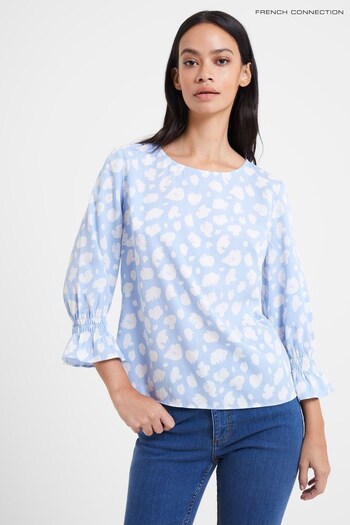 French Connection Blue Aimee Crepe Light Smocked Cuff Shirt (129818) | £49