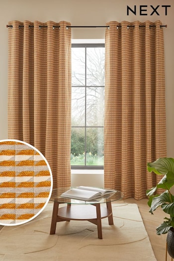 Ochre Yellow Geometric Chenille Eyelet Lined Curtains (130100) | £60 - £160