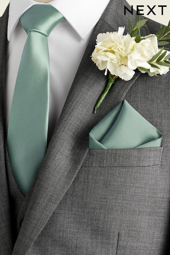 Sage Green Slim Silk Wedding Tie And Pocket Square Set (130275) | £20