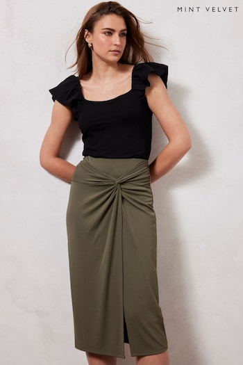Mint Velvet Khaki Green Khaki Knotted Midi Skirt (130422) | £79