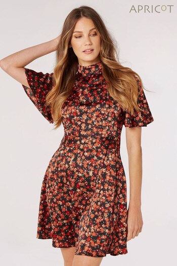 Apricot Black Floral Satin Flutter Sleeve Dress (130593) | £35