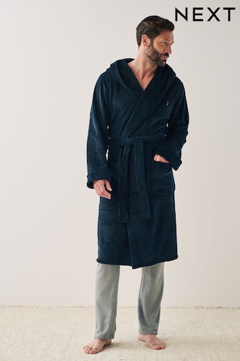 Navy Blue Hooded Fleece Dressing Gown Robe (130991) | £34