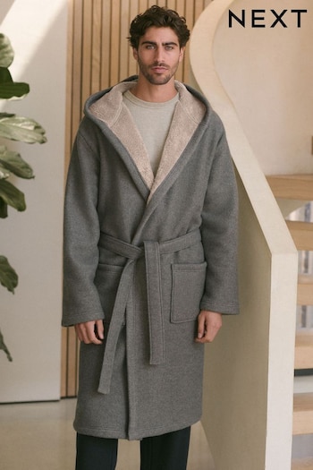 Grey Fleece Borg Lined Brushed Dressing Gown Robe (131013) | £45