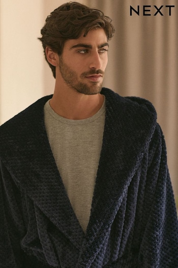 Navy Blue Textured Hooded Fleece Robe (131135) | £0