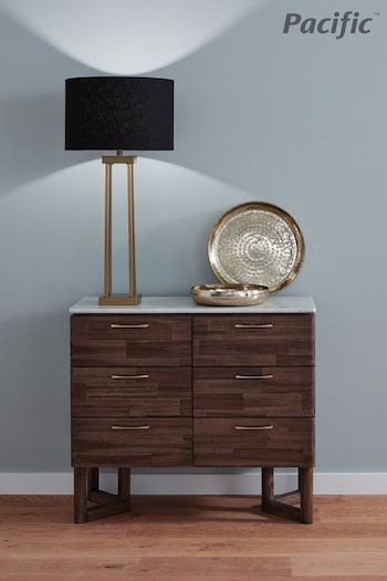 Pacific Brown Langston Satin Brass Metal Four Post Table Lamp (132460) | £160