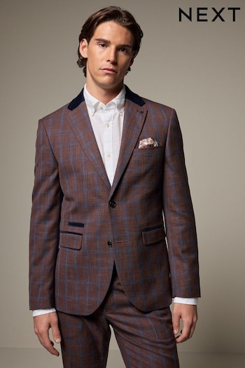 Rust Brown Tailored Fit Trimmed Check Suit Jacket (133555) | £99