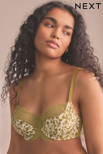 Green Floral Print DD+ Non Pad Full Cup DD+ Non Pad Wired Full Cup Microfibre and Lace Bra (134192) | £18
