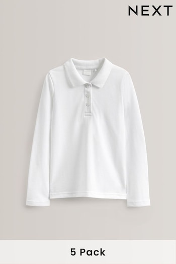 White Slim Fit 5 Pack Cotton Long Sleeve School shirt Polo Shirts (3-16yrs) (135264) | £18 - £27