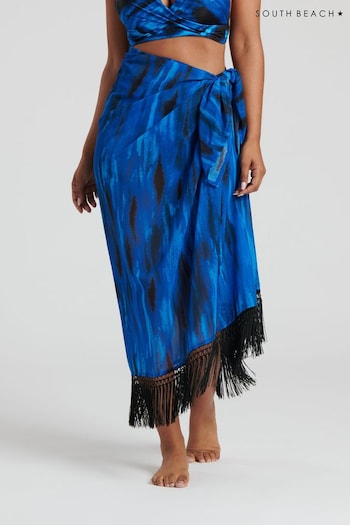 South Beach Blue Printed Chiffon Multiwear Fringe Sarong (137272) | £30
