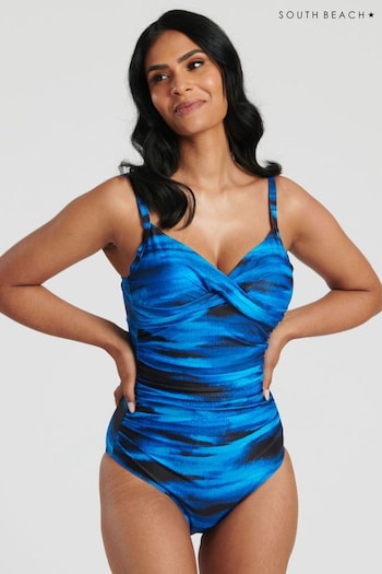 South Beach Blue Printed Cross-Over Tummy Control Swimsuit (137615) | £34