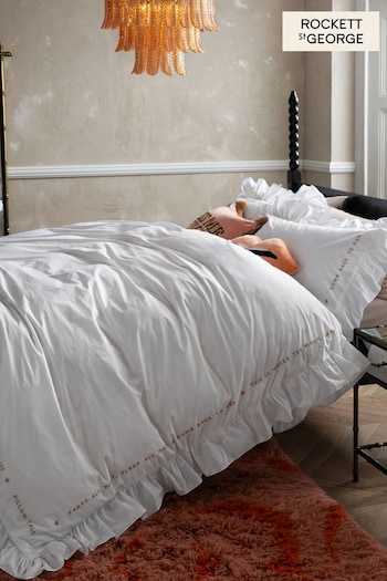 Rockett St George White Mega Frill Embroidered Duvet Cover and Pillowcase Set (138619) | £65 - £105