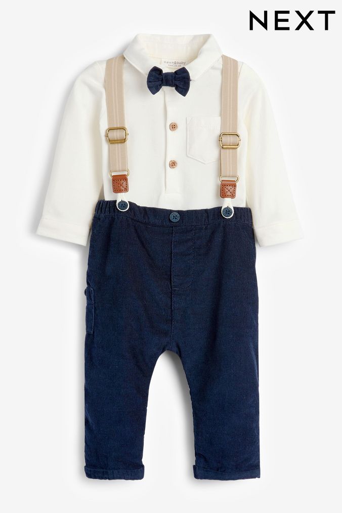 Navy/White Smart Baby 4 Piece Shirt Body, Bow Tie, Trousers And Braces Set (0mths-2yrs) (139725) | £24 - £26