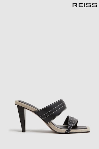 Reiss Black Ruby Leather Strap Heeled Mules (140547) | £158