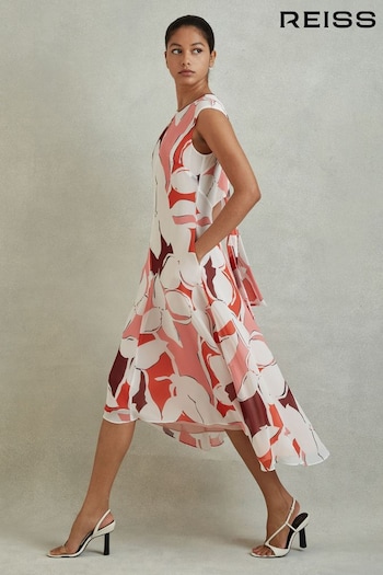 Reiss Red Becci Printed Open Back Midi Dress (140570) | £158