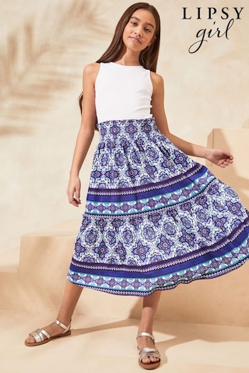 Lipsy Blue/White Tiered Maxi Kevin Shop Skirt Dress (5-16yrs) (141933) | £28 - £36