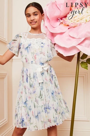 Lipsy White Printed Flutter Sleeve Pleated Occasion Dress (5-16yrs) (142043) | £50 - £58