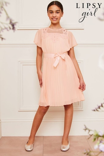 Lipsy Pink Flutter Sleeve Pleated Occasion Dress (5-16yrs) (142046) | £48 - £56