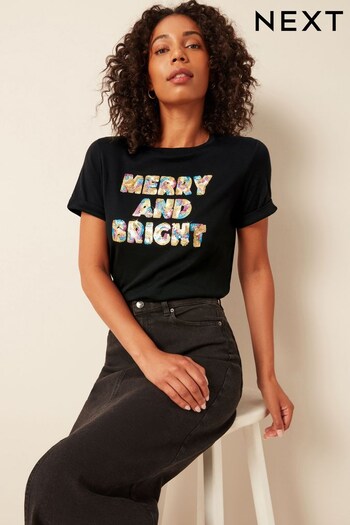Merry and Bright Sequin Embellished Christmas T-Shirt (142085) | £17