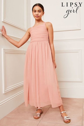 Lipsy Pink Ruched Square Neck Maxi Occasion Dress (7-16yrs) (142134) | £38 - £46