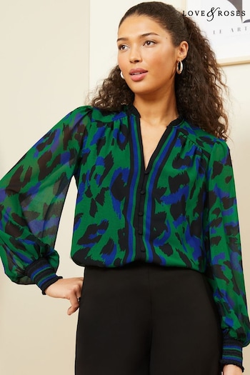Love & Roses Green Animal Printed V Neck Puff Sleeve Blouse (142251) | £39