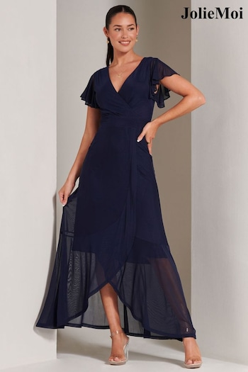 Jolie Moi Blue Racquell Plain Frill Mesh Maxi Dress (142337) | £79