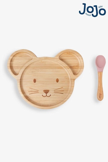 JoJo Maman Bébé Pink Bamboo Suction Mouse Plate & Spoon Set (142604) | £15