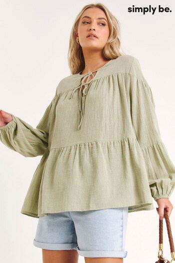 Simply Be Green Linen Look Tiered Smock Top (142917) | £26