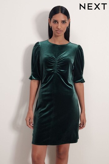 Emerald Green Velvet Puff Sleeve Ruched Detail Mini Dress (143108) | £32