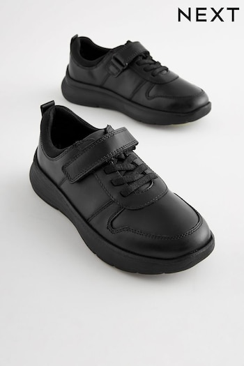 Black Standard Fit (F) Leather 1 Strap Elastic Lace School Shoes (143387) | £33 - £40