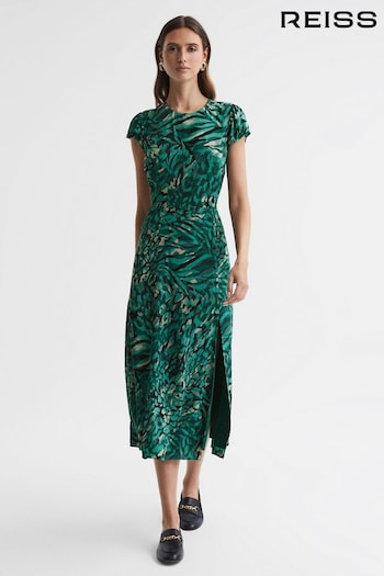 Reiss Green Livia Printed Cut Out Fitted Midi Dress (143979) | £168