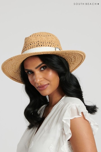 South Beach Natural Fedora Hat with Embellished Trim (144602) | £16