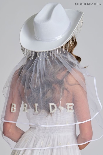South Beach White One Last Disco Cowboy Hat With Veil (144630) | £26