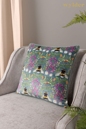 Wylder Nature Blue House Of Bloom Zinnia Bee Floral Velvet Piped Cushion (144789) | £20