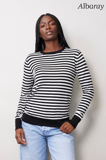 Albaray Silk Mix Stripe Crew Neck Black T-Shirt (144869) | £69