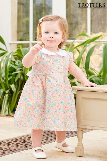 Trotters London Pink Little Alice Floral Smocked Cotton Dress (145673) | £62