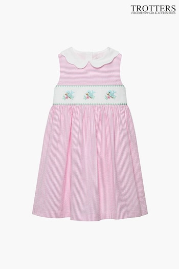 Trotters London Pink Stripe Tweetie Bird Smocked Cotton Dress (146038) | £70 - £76