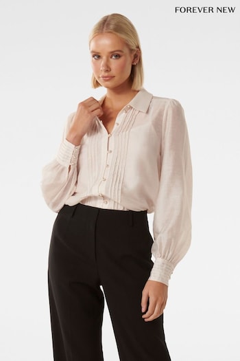 Forever New Natural Hazel Pearl Button Pintuck Linen Shirt (148019) | £60