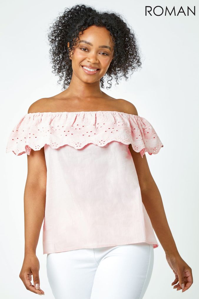 Buy Women s Short Sleeve Broderie Bardot Tops Online Next UK
