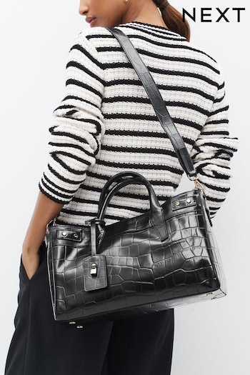 Black Leather Croc Effect Bolso Tote Bag (150688) | £105