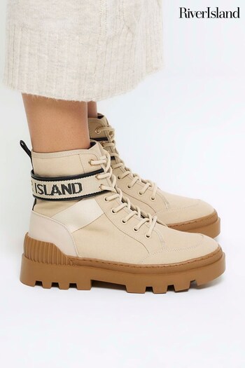 River Island Brown Beige Branded Canvas Boots (150775) | £48