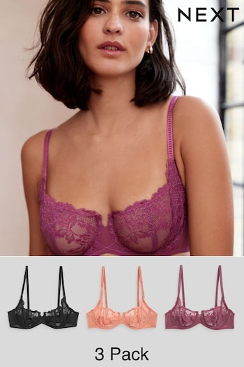 Black/Terracotta/Rose Pink Non Pad Balcony Lace Bras 3 Pack (151020) | £36