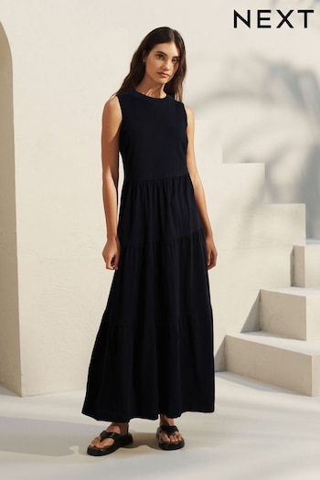 Black Sleeveless Crew Neck Tiered Summer Maxi Jersey mit Dress (151081) | £26