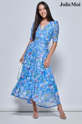 Jolie Moi Blue Print Dip Hem Mesh Maxi Dress (151194) | £89